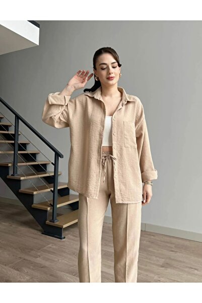 hiraz fashion KADIN KREM İKİLİ KETEN TAKIM