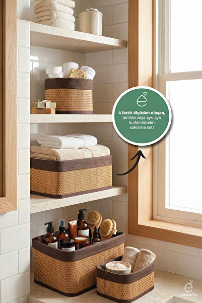 EVONİTA Bambu Organizer Seti 4 Parça Çok Amaçlı Banyo Mutfak Dolap İçi Düzenl...