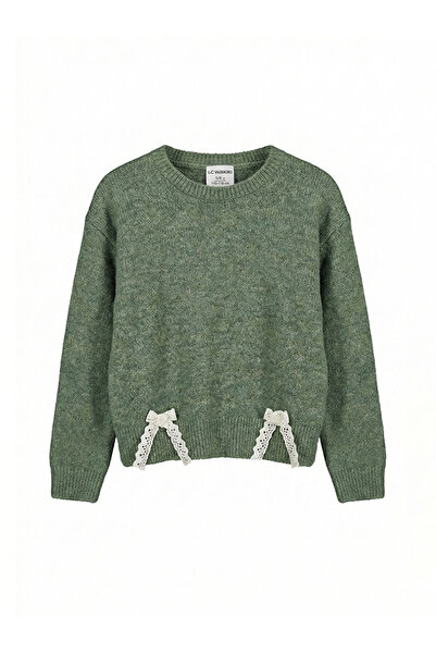 LC Waikiki LCW Kids Green guler rotund Pulover tricotat pentru fetiță cu deta...