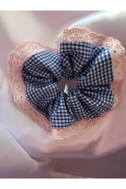 OIA Atelier Pink Fisto Navy Blue Gingham Scrunchie Rubber Band