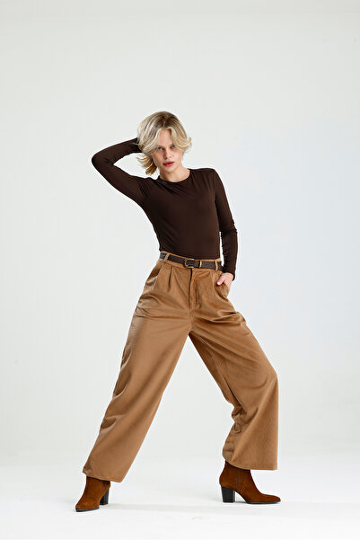 Rose Quenn Corded Fabric Wide Leg High Waist Palazzo Pants Made from Velvet F...