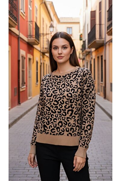 Moda Banuş Leopard Crew Neck Long Sleeve Knit Sweater