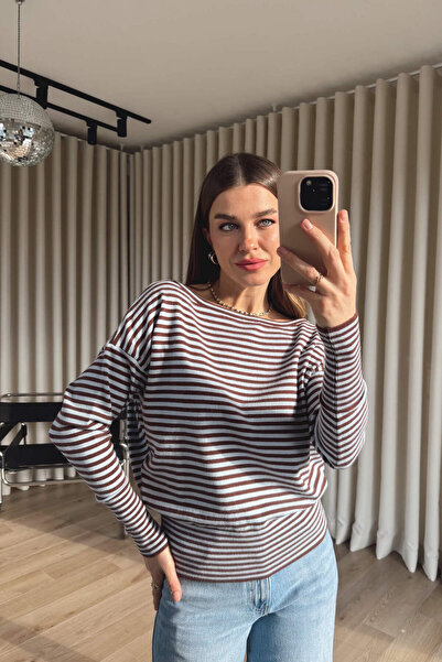 Sue Store Baby Blue Brown Striped Boat Neck Oversized Knitwear Blouse