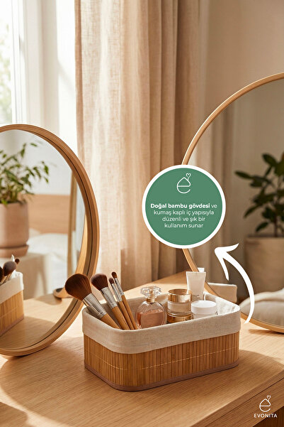 EVONİTA Bambu Organizer Sepet Büyük Boy Çok Amaçlı Banyo Mutfak Dolap İçi Düz...