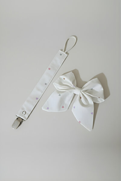 Feya Zenia Kalp Desen Emzik Askısı & Fiyonk Az Saçlı Yenidoğan Bebek Tokası Seti