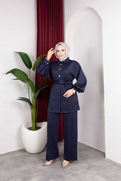Weak Blue Stylish Hijab Tunic Pants Set – Belted Buttoned Long Sleeve Two-Pie...