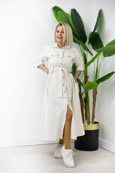 SİSTA MODA 504 KOL KATLI, BEL KUŞAKLI, KETEN GÖMLEK ELBİSE