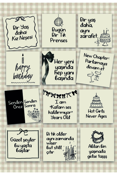 Pankart Evi Doğum Günü Partisi için 12 ADET Krem Motto Kart Seti - Doğumgünü ...