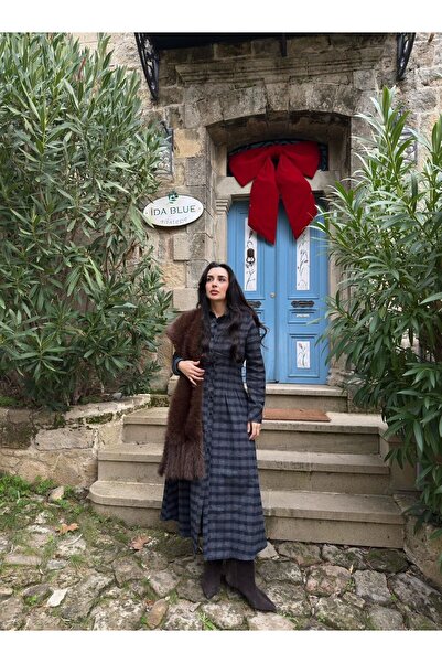 Tavie Ekoseli gömlek elbise-lacivert gri - M