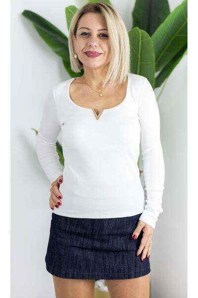 SİSTA MODA 6334 V Metal Collar Ribbed Long Sleeve Blouse