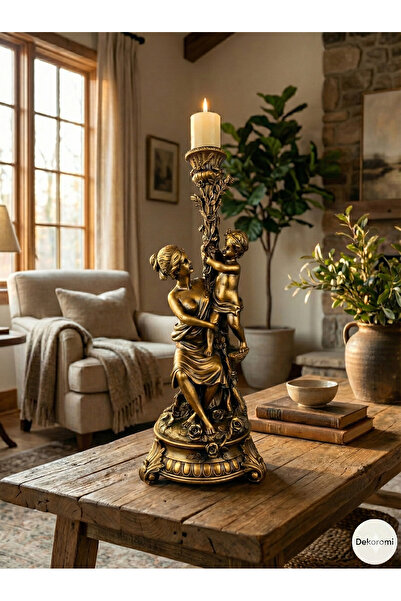 Dekoromi Dekoratif Kadın ve Çocuk (Anne ve Oğlu) Şamdan Mumluk 50x22cm Dev Bo...