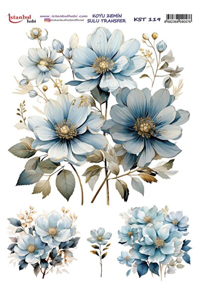 İstanbul Hobi Koyu Zemin Sulu Transfer Kağıdı 25x35cm KST-119 Çiçekler