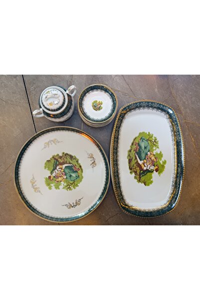 GenelTedarik Vintage Yeşil Gold Detaylı Porselen Sunum Seti – Şekerlik, 6’lı ...