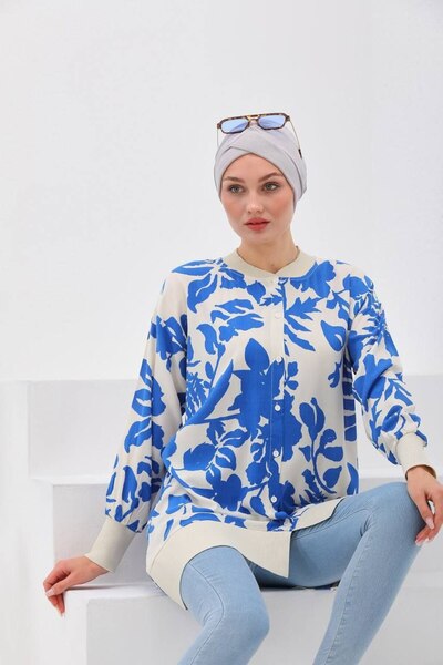 Polologin Butik Viscose Floral Patterned Long Tunic with Ribbed Detail on Sle...