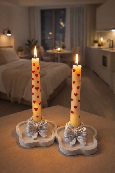 EYO 2’li Mermer Desenli Fiyonk Kurdele Detaylı Beton Mumluk Şamdan Seti (muml...