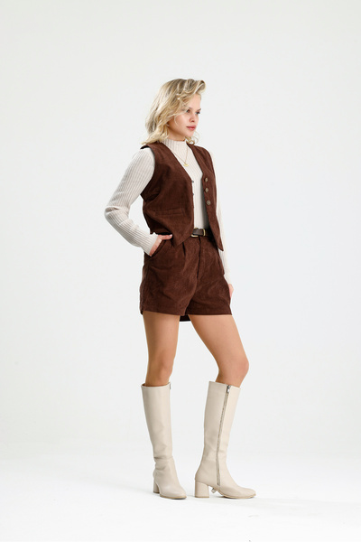 Rose Quenn Corded Fabric Velvet Fabric Short Winter Shorts Vest Set