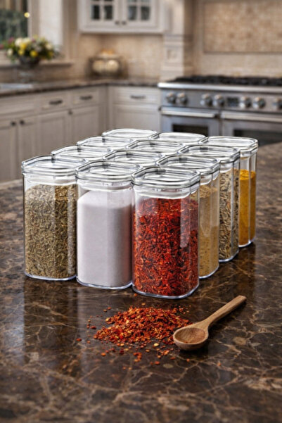 abenim 200 ml 12'li Vakum Kapaklı Akrilik Mika Baharatlık Saklama Kabı Bahara...