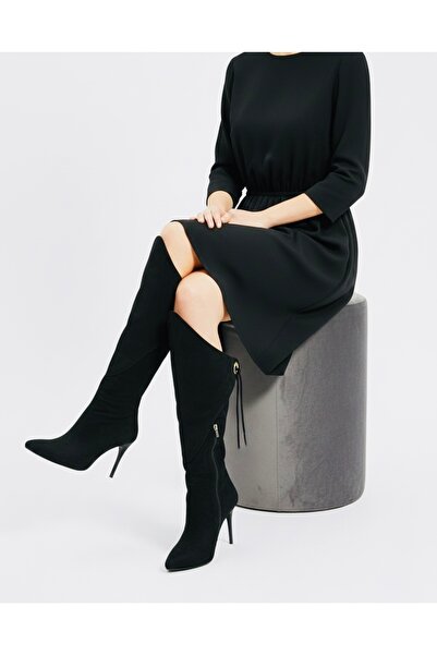 Felisya Butik Black Suede Thin Heeled Boots with Gold Ring Detail 8.5 Cm-Feli...