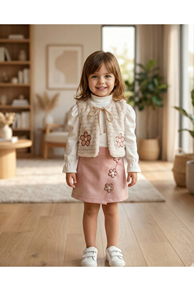 Asliva fashion Asliva Girl's White Blouse Fur Vest Floral Pink Shorts Skirt 3...