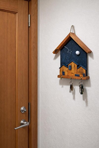 Anı_Atölye حامل مفاتيح جداري خشبي مزخرف بتصميم ليلي مع 3 خطافات 30×20