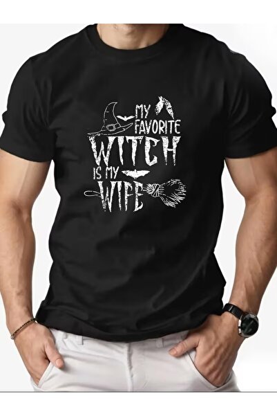 LELVANİ Halloween Pattern Print T-Shirt with the Text:'My Favorite Witch Is M...