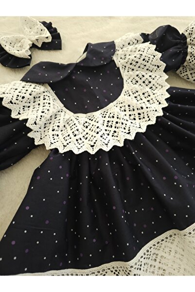 Elwirababyboutiqe puantiyeli lacivert dantel detaylı elbise