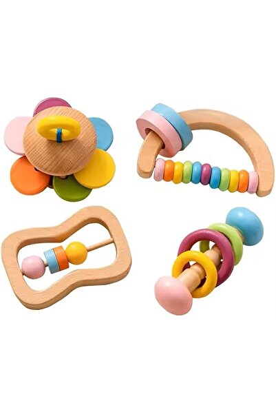 Generic Wooden Rattle Toy Set - 4 Pieces of Organic Montessori Teething Toys ...