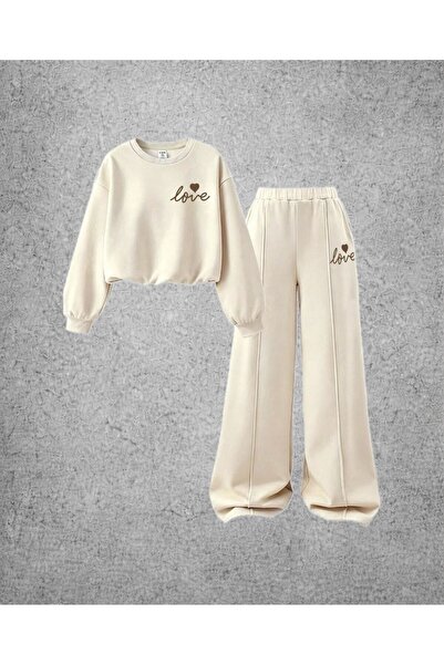 Kids Çocuk Bej Çımalı Love Kalp Baskılı Croplu 2'li Alt Üst Takım