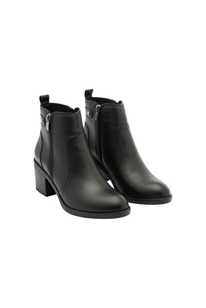 Deridün Yıldız Shoes Black Genuine Leather Zippered Short Heeled Women's Boots