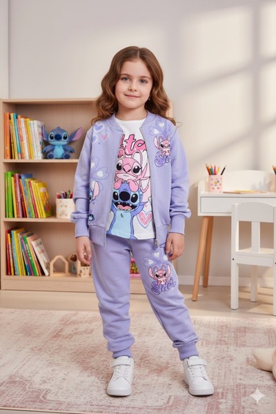 ALYAKİDS Girl's 3-Piece Set Stitch Sweatshirt Printed Zippered Cardigan Combe...