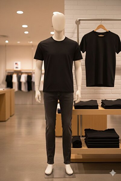 MODA Slim Fit Dar Kesim %100 Pamuk Yumuşak Dokulu Siyah Bisiklet Yaka Tişört