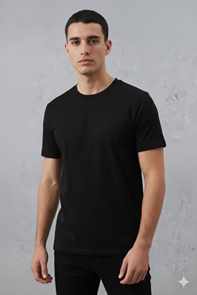 MODA Slim Fit Dar Kesim %100 Pamuk Yumuşak Dokulu Siyah Bisiklet Yaka Tişört