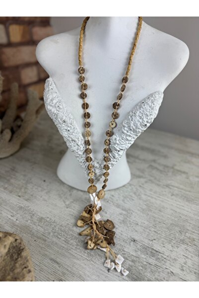 SEDEF TAKI Kahve uzun taşlı ahşap kolye