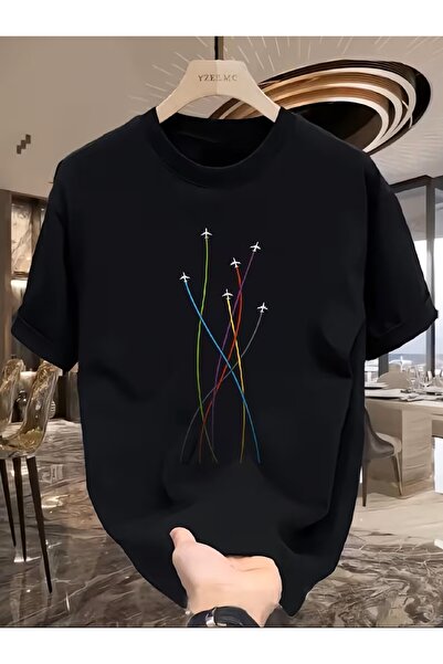 LELVANİ Colorful Airplane Printed Pattern T-Shirt