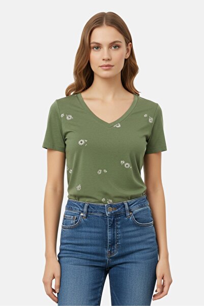 GAP Women V-Neck Short Sleeve Allover Print T-Shirt, Green