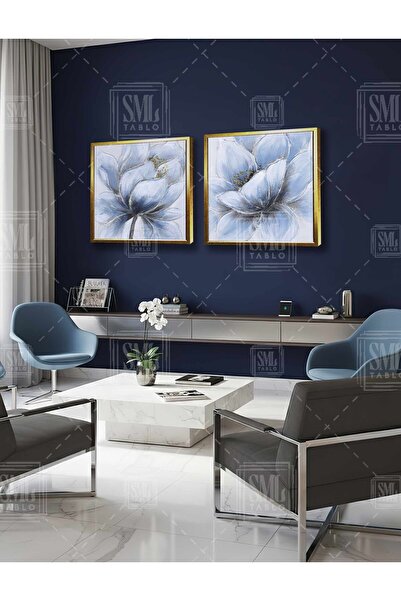 SML TABLO Large Blue Flower and Gold Glitters Luxury Modern Decor Double Squa...