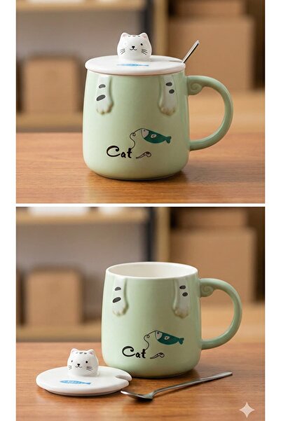 Tutku 5 قطع من أكواب البورسلين مع غطاء وملعقة بنقش القطط