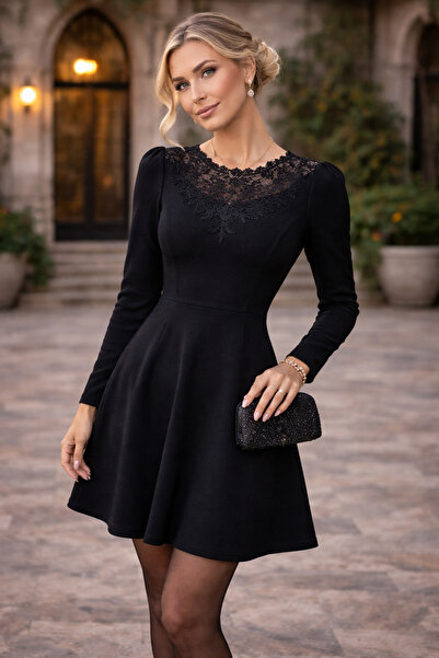 Monapera Kadın Uzun Kollu Yakası Dantelli Mini Ithal Krep Elbise