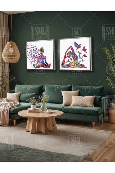 SML TABLO Femeie care face yoga, păsări zburătoare colorate, meditație, liniș...