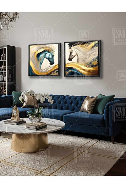 SML TABLO Cai albastru și alb cu păr auriu, decor de lux, combinație pătrată ...