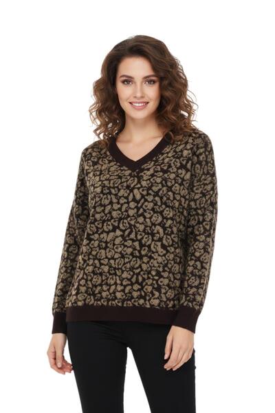 lavella Women's V-Neck Leopard Pattern Bearded Knitwear Sweater Bgl-St05079
