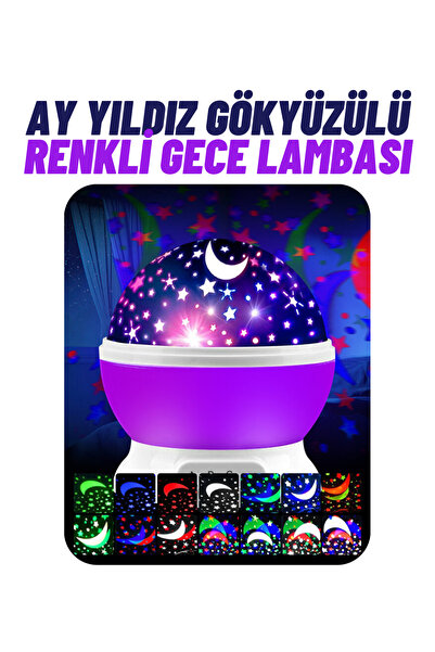 Magicway 360° Dönen Projeksiyon Renkli Işıklı Gece Lambası Ay ve Yıldızlı Gök...