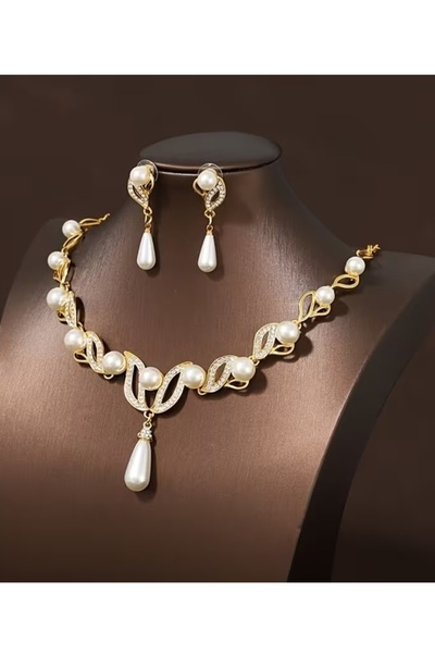 BirYıldızOl İnci Takı Seti Altın Zirkon Taşlı Abiye Set