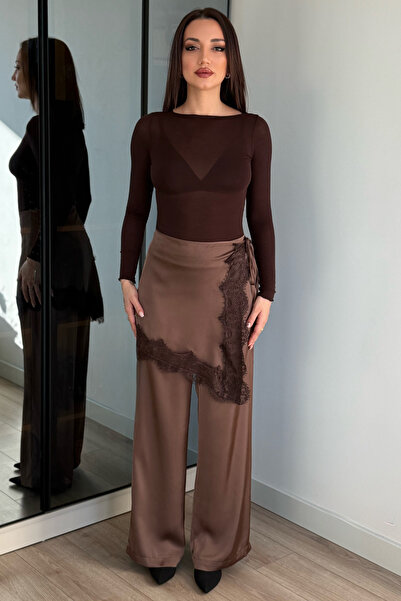PATEVA Satin Wide Cut Lace Detailed Tied Waist Trousers