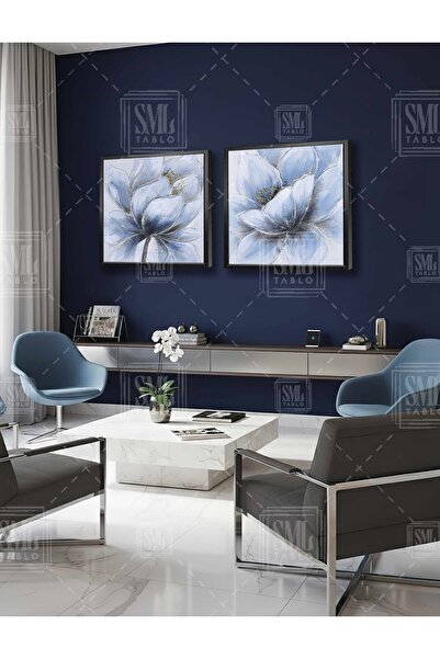 SML TABLO Flori mari albastre și sclipici aurii Decor modern de lux Combinați...