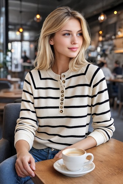 FİFTY ONE Women's Buttoned Collar Turtleneck Striped Knitwear Sweater