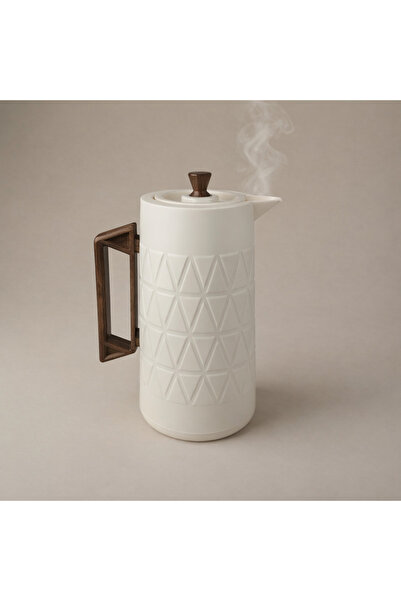 Generic ترمس بلاستيكي معزول سعة 1 لتر - لون أبيض كريمي مع حامل بنقشة خشبية | ...