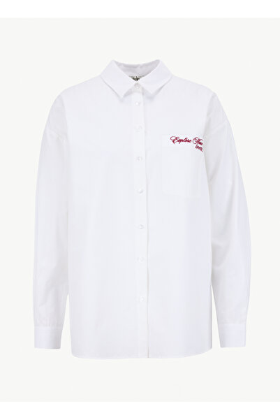 Jeep Loose Fit Gömlek Yaka Nakışlı Beyaz Kadın Gömlek J6SL-GML7057