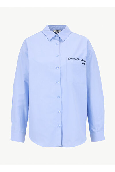 Jeep Loose Fit Gömlek Yaka Nakışlı Mavi Kadın Gömlek J6SL-GML7031