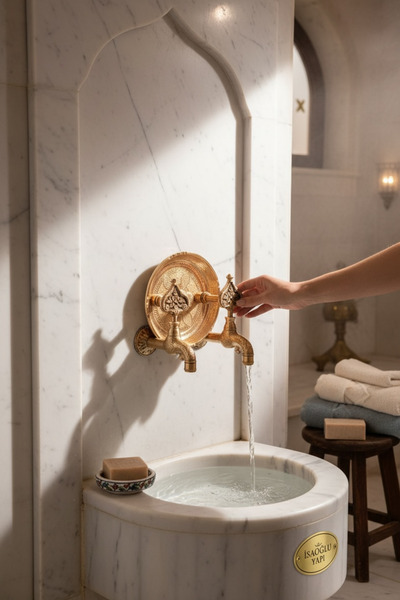 İSAOĞLU YAPI Bronze Kurna Faucets Copper Hammam Set Including Stone Retro Spe...